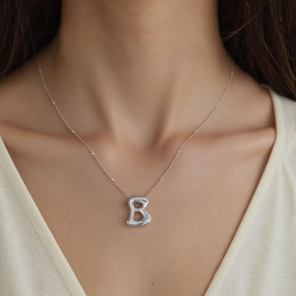 14k Gold Plated Bubble Letter Necklace 3d Initial Pendant With Beaded Chain Pers View 3